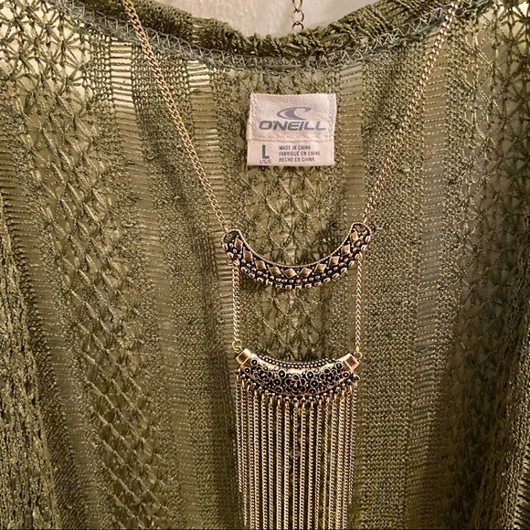 O’Neill Crochet Olive Long Open Cardigan w/ Side Slits-L - Picture 3 of 7